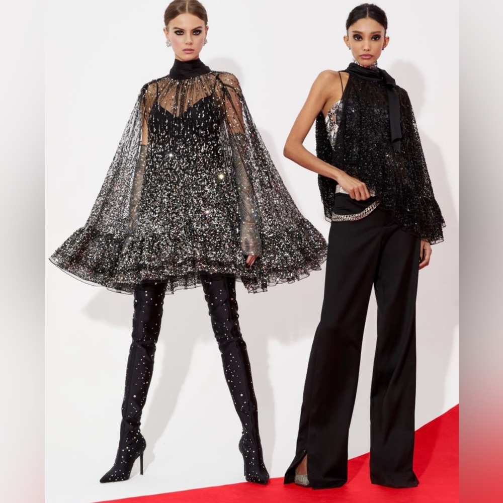 Alice Olivia New Zenon Embellished Tie Neck Cape Mini Dress Size 8 $1,495.00